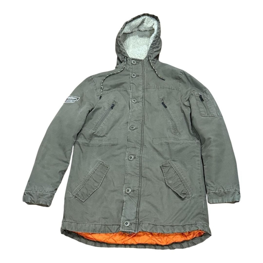 DeFacto Parka Jacket Mens Small Khaki Hooded Sherpa Lined Quilted Slim Fit